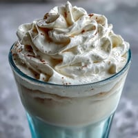Creamy Vanilla Bean Frappuccino Protein Shake with Greek yogurt, topped with whipped cream and vanilla bean specks.