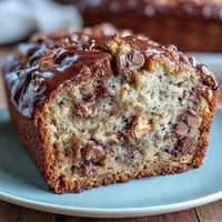 Decadent peanut butter cup banana bread loaf topped with melty chocolate chips and gooey peanut butter cups, perfect for dessert lovers.