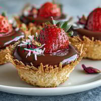 Dubai-style strawberry cups with kataifi and dark chocolate, featuring crisp golden pastry nests filled with juicy strawberries and rich ganache.  