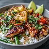 A colorful bowl of coconut rice topped with juicy pineapple, tender chicken, and vibrant bell peppers, garnished with fresh cilantro.  