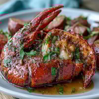 A steaming Cajun crawfish boil with corn, potatoes, and spicy Andouille sausage on a newspaper-lined table.