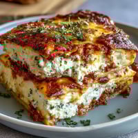 Ultimate Comfort Food Lasagna with Ricotta, layers of rich meat sauce, creamy ricotta, and melted mozzarella, baked golden and bubbling.