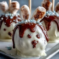 Cute Easter bunny cake pops with white chocolate coating, decorated with pink candy ears and marshmallow tails for a festive spring treat.