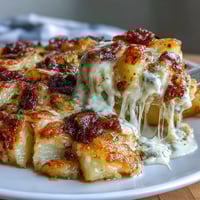 A bubbling casserole of cheesy scalloped potatoes, golden and gooey, perfect for family dinners.