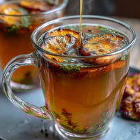 Golden dandelion root tea with ginger and turmeric, served in a clear mug with a slice of lemon on the rim.