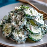 Creamy cucumber dill salad with crisp cucumbers in tangy dressing, perfect for summer picnics or barbecues.