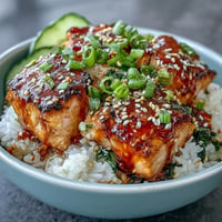 Creamy spicy mayo salmon rice bowl with tender salmon cubes, fluffy rice, crisp cucumber, and sesame seeds in a vibrant, flavorful dish.