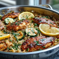 One-Pan Lemon Chicken and Zucchini Orzo with tender chicken and bright lemon sauce.