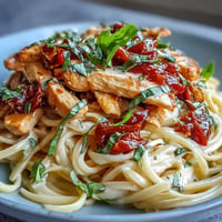 Creamy Tomato Basil Chicken Pasta with tender chicken and vibrant herb sauce.