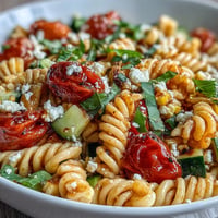 Colorful Summer Corn and Tomato Pasta Salad with vibrant feta cheese.