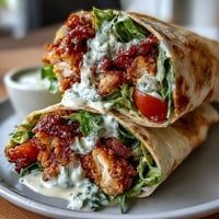 Spicy Crispy Chicken Buldak Caesar Wrap with fiery sauce and creamy Caesar.