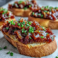 Brown sugar tomato bacon jam toasts, savory-sweet delight atop crispy baguette slices.