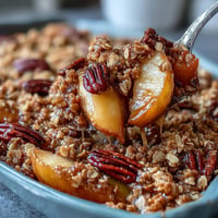 Warm Maple Bourbon Peach and Apple Crisp with golden oat topping bubbling.