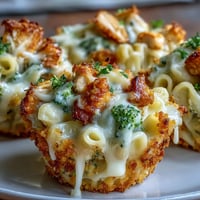 Golden baked Broccoli Chicken Mac and Cheese Cups topped with crunchy breadcrumbs.